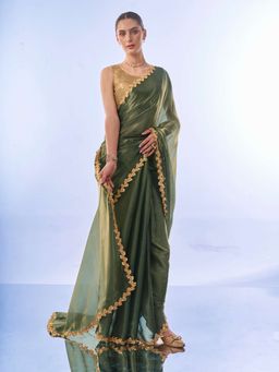 Kalista Fashion - Green Organza Designer Saree With Unstiched Blouse