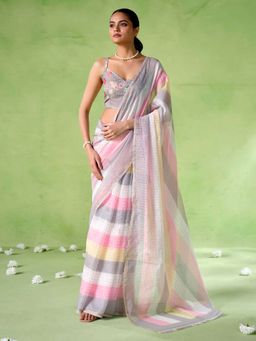 Kalista Fashion - Checks Linen Blend Saree With Unstiched Blouse