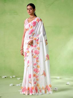Kalista Fashion - Floral Linen Blend Saree With Unstiched Blouse