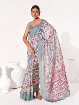 Kalista Fashion - Floral Linen Blend Saree With Unstiched Blouse