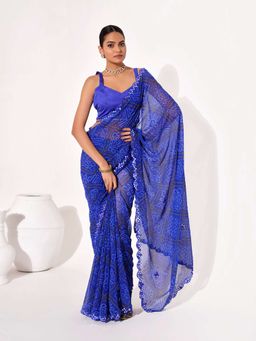 Kalista Fashion - Bandhani Printed Mirror Work Pure Chiffon Saree With Unstiched Blouse