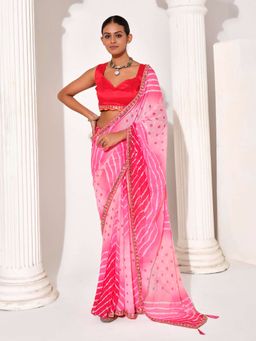 Kalista Fashion - Bandhani Embellished Sequinned Pure Chiffon Saree With Unstiched Blouse