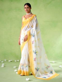 Kalista Fashion - Floral Linen Blend Saree With Unstiched Blouse