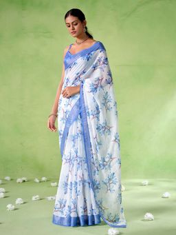 Kalista Fashion - Floral Linen Blend Saree With Unstiched Blouse