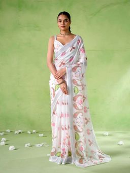 Kalista Fashion - Floral Linen Blend Saree With Unstiched Blouse