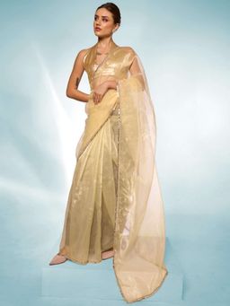 Kalista Fashion - Mirror Work Organza Saree With Unstiched Blouse