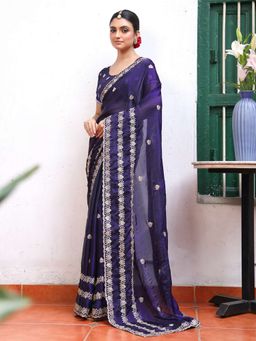 Kalista Fashion - Ethnic Motifs Embroidered Tissue Saree With Unstiched Blouse