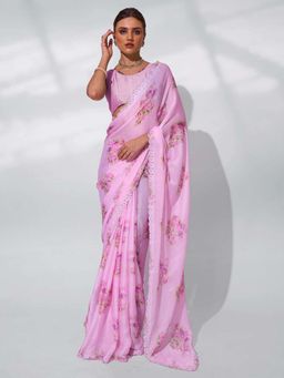 Kalista Fashion - Floral Beads and Stones Satin Saree With Unstiched Blouse