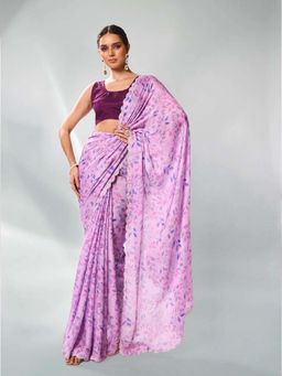 Kalista Fashion - Purple Floral Embellished Satin Saree With Unstiched Blouse