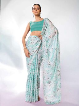 Kalista Fashion - Turquoise Floral Embellished Satin Saree With Unstiched Blouse