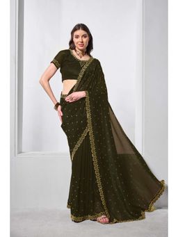 Kalista Fashion - Green Beads and Stones organza Saree With Unstiched Blouse