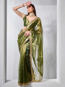 Kalista Fashion - Green Mirror Work Organza Saree With Unstiched Blouse