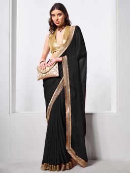 Kalista Fashion - Black Solid Chiffon Saree With Unstiched Blouse