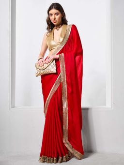 Kalista Fashion - Red Solid Chiffon Saree With Unstiched Blouse