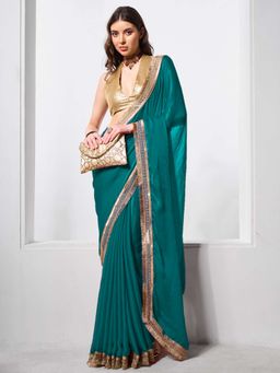 Kalista Fashion - Teal Solid Chiffon Saree With Unstiched Blouse