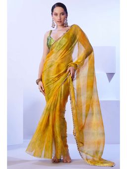 Kalista Fashion - Bandhani Printed Mirror Work Organza Saree With Unstiched Blouse