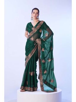 Kalista Fashion - Floral Embroidered Sequinned Pure Chiffon Saree With Unstiched Blouse