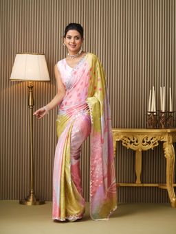 Kalista Fashion - Floral Printed Mirror Work Saree With Unstiched Blouse