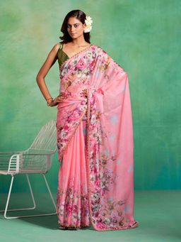 Kalista Fashion - Floral Organza Saree With Unstiched Blouse