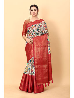 Yavira Silk - White and Red Kalamkari Digital Print Party Wear Saree with Unstitched Blouse