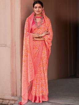 Akhilam - Womens Chiffon Peach Printed Designer Saree with Unstitched Blouse