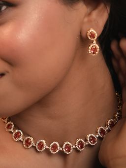 Label Ruby - Pink Oval Stone In Rose Gold Finish Jewellery Set