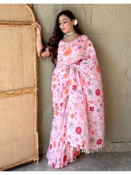 Label Kanupriya - Women Pink Georgette Floral Sharara Saree with Stitched Blouse