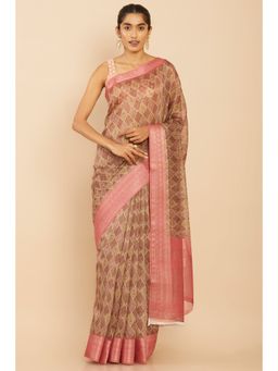 Soch - Women Brown Chanderi Geometric Saree with Unstitched Blouse