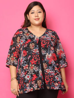 theRebelinme - Plus Size Womens Black Rose Floral Printed Layered Top