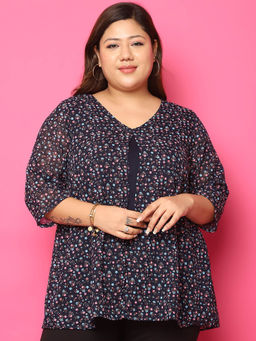 theRebelinme - Plus Size Womens Navy Blue Floral Printed Layered Top