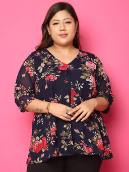 theRebelinme - Plus Size Womens Navy Blue Floral Printed Layered Top