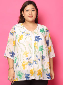 theRebelinme - Plus Size Womens White Floral Printed Layered Top