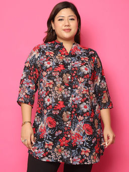 theRebelinme - Plus Size Womens Black Rose Floral Printed Casual Shirt