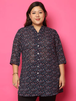 theRebelinme - Plus Size Womens Navy Blue Floral Printed Casual Shirt