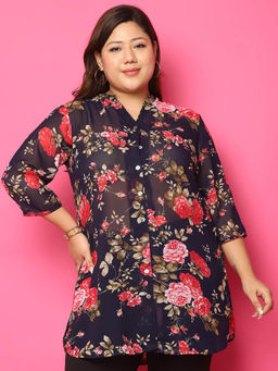 theRebelinme - Plus Size Womens Navy Blue Rose Floral Printed Casual Shirt