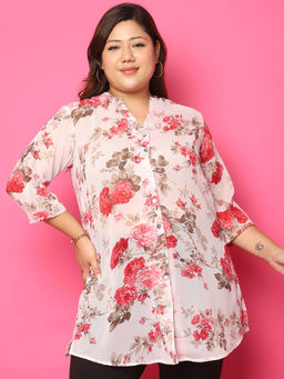 theRebelinme - Plus Size Womens White Rose Floral Printed Casual Shirt