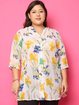 theRebelinme - Plus Size Womens White Floral Printed Casual Shirt