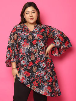 theRebelinme - Plus Size Womens Black Rose Floral Printed Longline Top