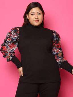 theRebelinme - Plus Size Womens Black Floral Printed Knitted Top
