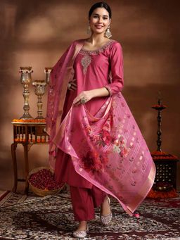 Libas - Pink Embroidered Sequined Straight Kurta with Pant & Dupatta (Set of 3)
