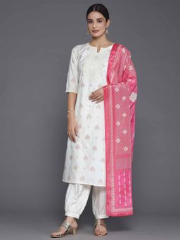 Libas - Off White Floral Printed Silk Blend Kurta with Salwar & Dupatta (Set of 3)
