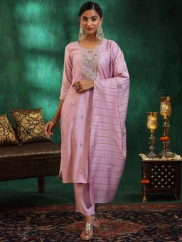 Libas - Lavender Embroidered Sequined Straight Kurta with Pant & Dupatta (Set of 3)