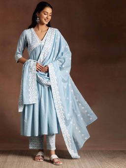 Libas - Blue Floral Embroidered A-Line High Slit Kurta with Pant & Dupatta (Set of 3)