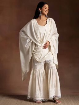 Libas - Off White Embroidered Kurta with Sharara & Dupatta (Set of 3)