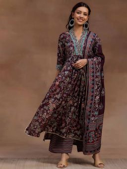 Libas - Wine Floral Printed Pleated Kurta with Palazzo & Dupatta (Set of 3)