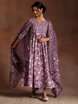 Libas - Purple Floral Printed Anarkali Kurta with Pant & Dupatta (Set of 3)