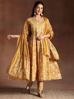 Libas - Mustard Floral Print Gota Work Anarkali Kurta with Pant & Dupatta (Set of 3)