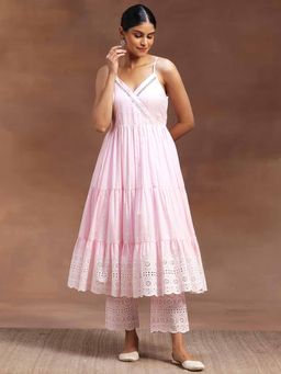 Libas - Pink Schiffli Work Panelled Anarkali Kurta with Pant (Set of 2)