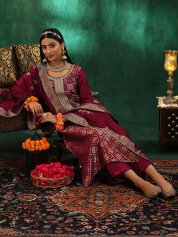 Libas - Maroon Woven Design Straight Kurta with Pant & Dupatta (Set of 3)