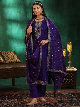 Libas - Purple Silk Blend Self Design Kurta Sets for Women